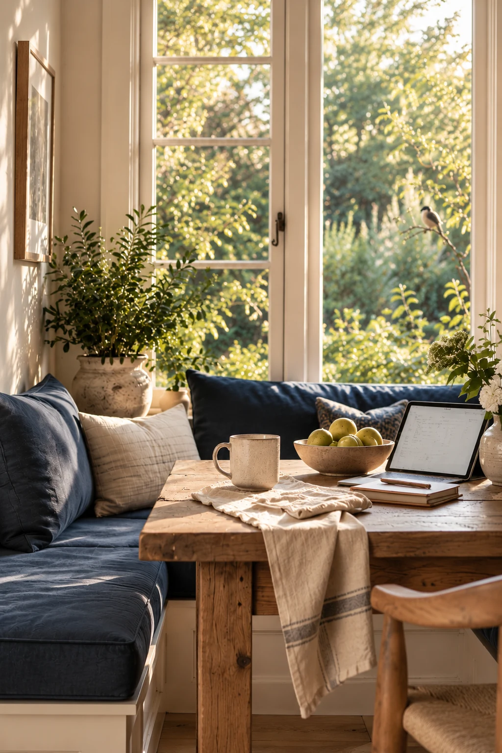 A luminous family dining nook with a wooden table, navy seating, a tablet, greenery, and a small bird outside the windows